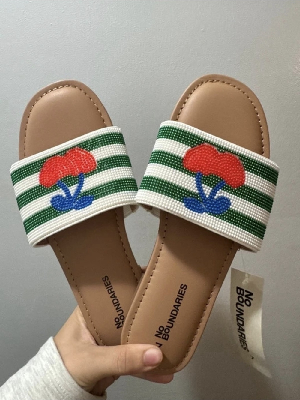 No Boundaries Green & White Striped Slide Sandals with Red Floral Accent